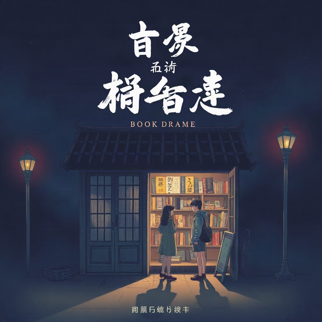短剧《山海来信》海报，山村书屋夜晚亮灯，两位主角在门口交谈